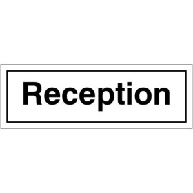 Reception door sign with bold black text on white background