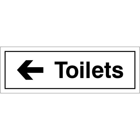 Toilets arrow left sign with bold text and directional arrow