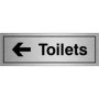  Brushed aluminium Toilets sign with left-pointing arrow and clear black text