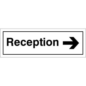 Reception sign with right pointing arrow for directional guidance