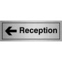  Brushed aluminium Reception sign with left arrow and bold black text.