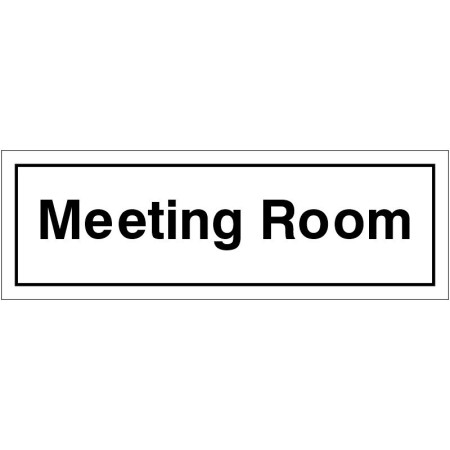 Meeting room door sign with bold black text on white background