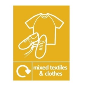 Mixed textiles and clothes recycling sign with clothing and shoes symbol
