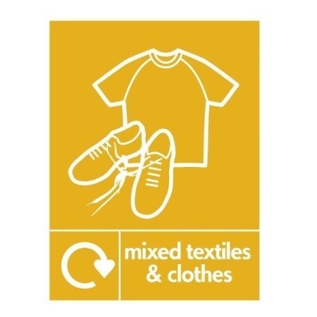 Mixed textiles and clothes recycling sign with clothing and shoes symbol