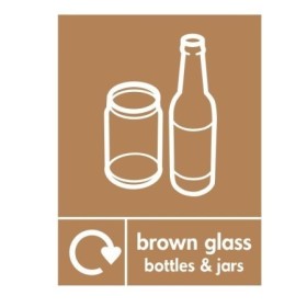 Brown glass bottles and jars recycling sign with glass container symbols