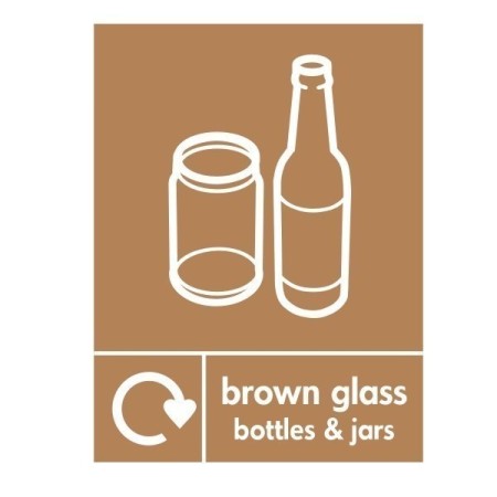 Brown glass bottles and jars recycling sign with glass container symbols