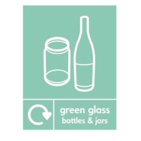 Green glass bottles and jars recycling sign with glass container symbols