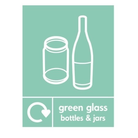 Green glass bottles and jars recycling sign with glass container symbols