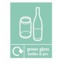 Green glass bottles and jars recycling sign with glass container symbols
