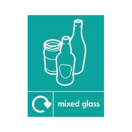 Mixed glass recycling sign with glass bottle icons for recycling waste areas