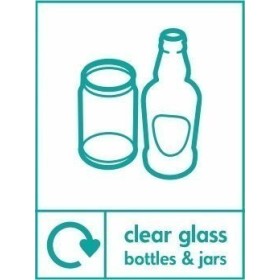 Clear glass bottles and jars recycling sign with glass container symbols