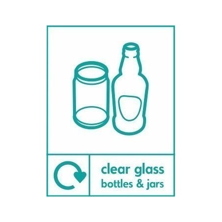 Clear glass bottles and jars recycling sign with glass container symbols