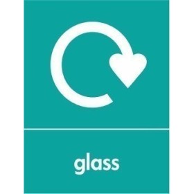 Glass recycling sign with recycling symbol for glass waste disposal areas