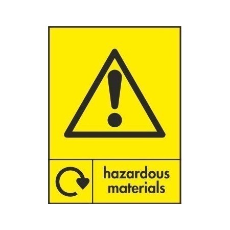 Hazardous materials recycling sign with warning symbol for hazardous waste areas