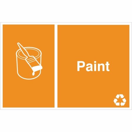 Paint recycling sign with paint tin and brush symbol for waste disposal areas