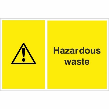 Hazardous waste recycling sign with warning symbol for waste disposal areas