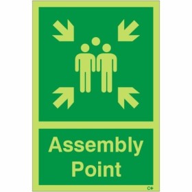 Glow in the dark assembly point safety sign with evacuation symbol