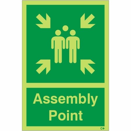 Glow in the dark assembly point safety sign with evacuation symbol