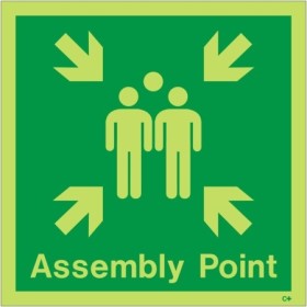 Glow in the dark assembly point safety sign with emergency gathering symbol