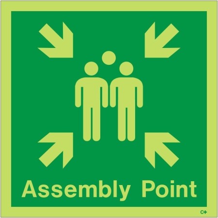 Glow in the dark assembly point safety sign with emergency gathering symbol