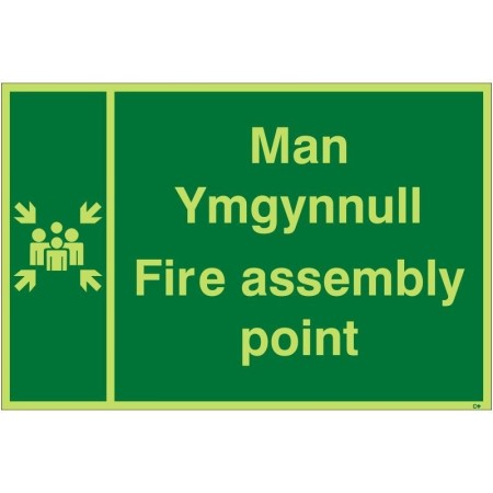 Glow in the dark Welsh and English fire assembly point safety sign