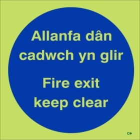Glow in the dark bilingual Welsh and English Fire Exit Keep Clear door sign