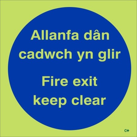 Glow in the dark bilingual Welsh and English Fire Exit Keep Clear door sign