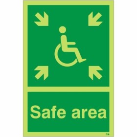 Glow in the dark Safe Area sign with wheelchair symbol and arrows