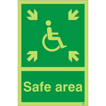 Glow in the dark Safe Area sign with wheelchair symbol and arrows