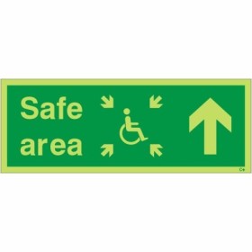 Glow in the dark arrow up safe area sign with wheelchair accessibility symbol