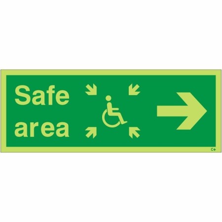 Glow in the dark arrow right safe area sign with wheelchair symbol