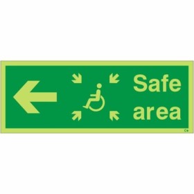 Glow in the dark arrow left safe area sign with wheelchair symbol