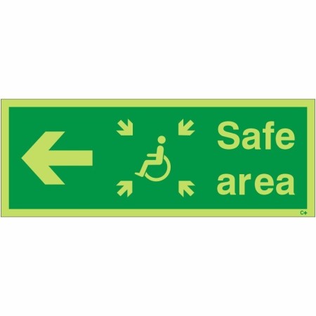 Glow in the dark arrow left safe area sign with wheelchair symbol