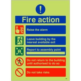 Glow in the dark fire action sign with raise the alarm instructions
