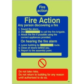 Glow in the dark fire action sign with six steps for any person discovering a fire