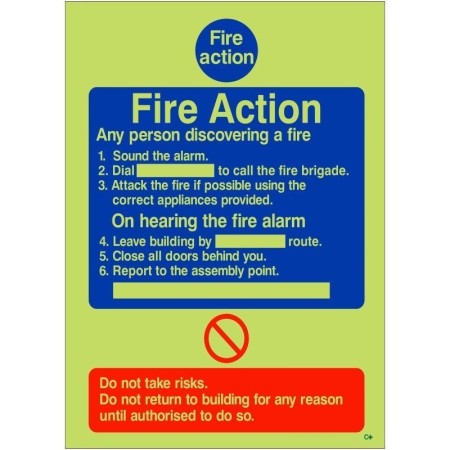 Glow in the dark fire action sign with six steps for any person discovering a fire