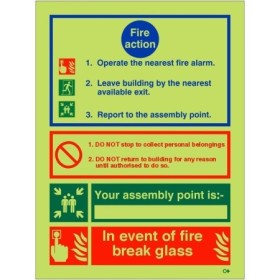 Glow in the dark fire action sign with break glass instruction and three step emergency guidance