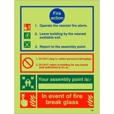 Glow in the dark fire action sign with break glass instruction and three step emergency guidance