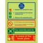 Glow in the dark fire action sign with break glass instruction and three step emergency guidance