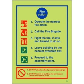 Glow in the dark 5 point fire action notice sign with evacuation instructions