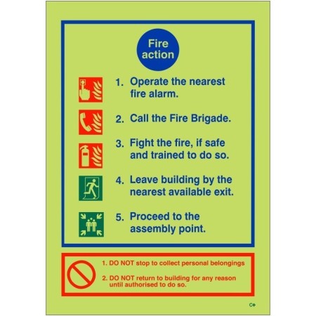 Glow in the dark 5 point fire action notice sign with evacuation instructions