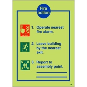 Glow in the dark fire action notice sign with three steps and assembly point writing area
