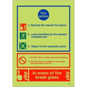 Glow in the dark 3 Point Fire Action Notice sign with break glass emergency instructions