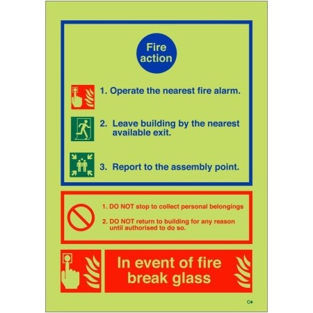 Glow in the dark 3 Point Fire Action Notice sign with break glass emergency instructions