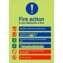 Fire action if you discover a fire glow in the dark safety sign with emergency instructions