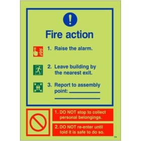 Glow in the dark 3 Point Fire Action Notice Raise The Alarm safety sign