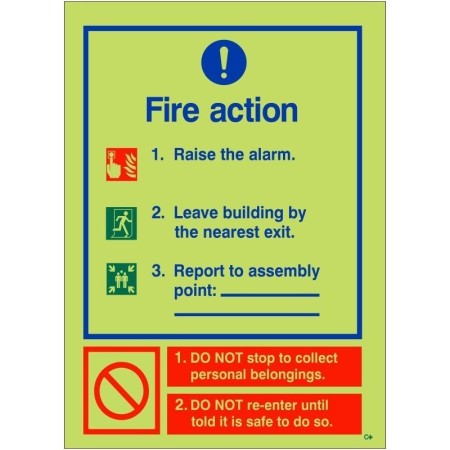 Glow in the dark 3 Point Fire Action Notice Raise The Alarm safety sign
