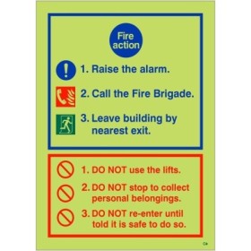 Glow in the dark 3 point fire action notice sign with raise the alarm instructions