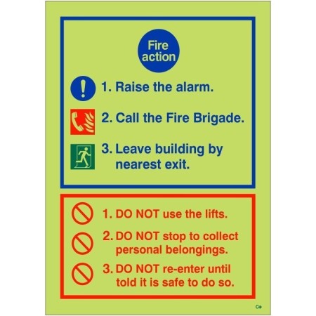 Glow in the dark 3 point fire action notice sign with raise the alarm instructions