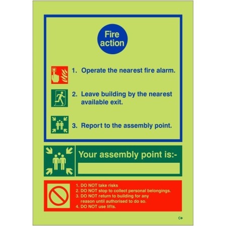 Glow in the dark fire action sign with assembly point instructions